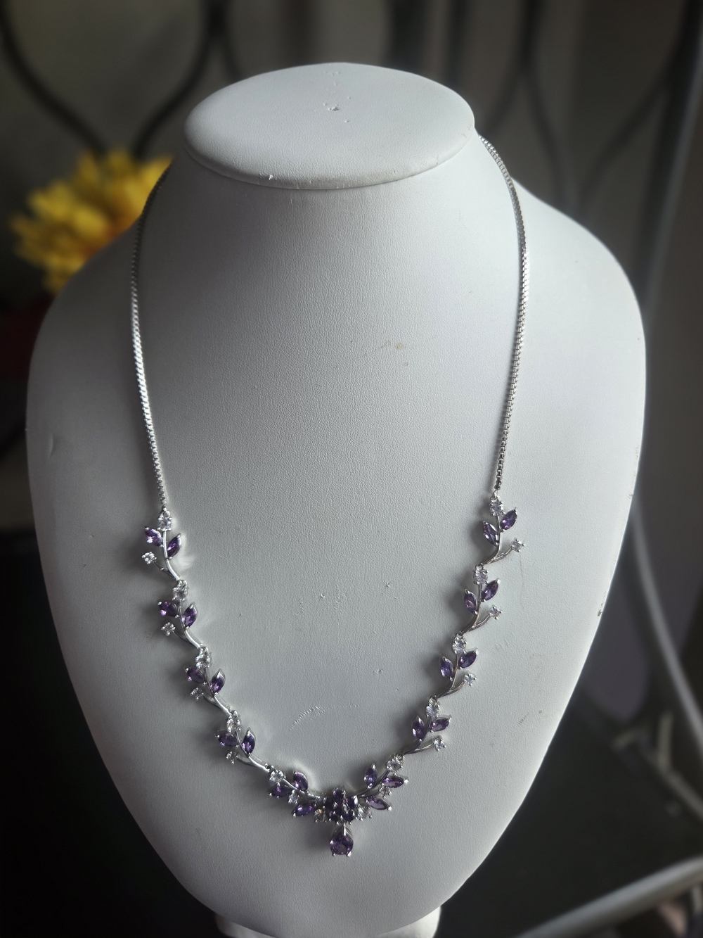 Tanzanite Color and Crystal Accent Leaf Necklace in Sterling Silver